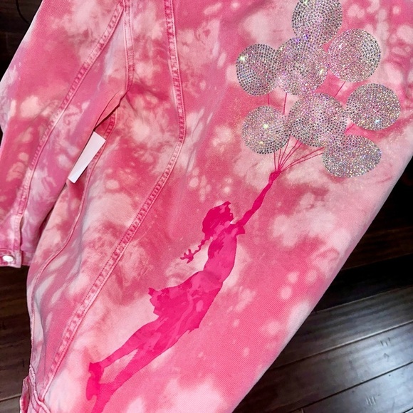 Rare💕Oversized jacket Guess Pink Tie Dye denim jacket y2k bling jacket Banksy - Picture 13 of 17